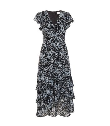 QUIZ Black Floral Chiffon Tiered Midi Dress | New Look