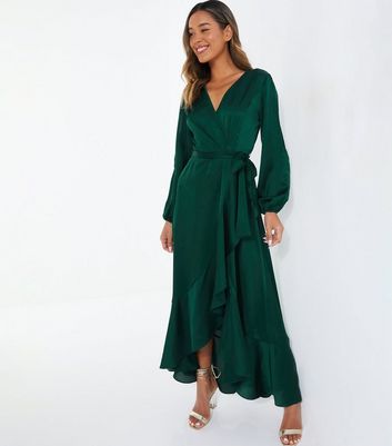 QUIZ Dark Green Wrap Frill Midaxi Dress New Look