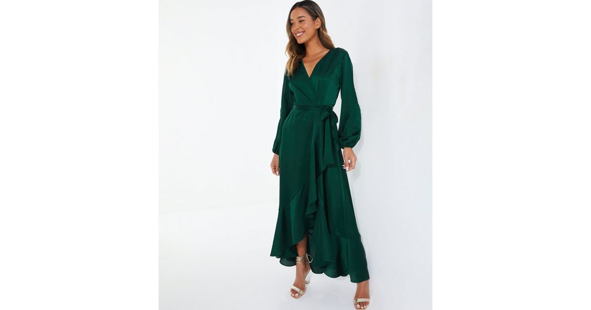 QUIZ Dark Green Wrap Frill Midaxi Dress New Look