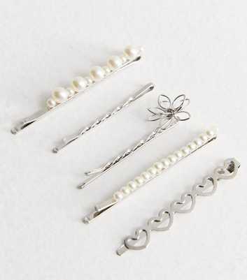 5 Pack Silver Faux Pearl Heart Hair Slides