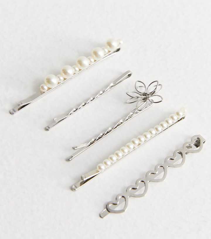 5 Pack Silver Faux Pearl Heart Hair Slides