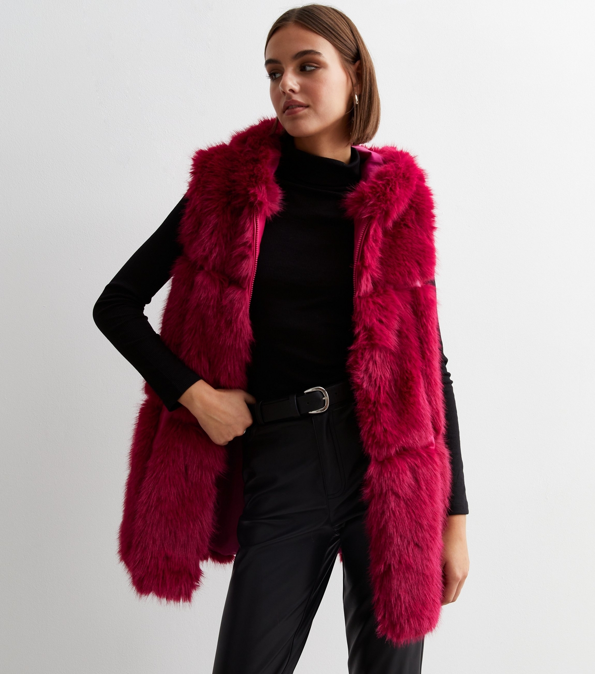 Women's Red Faux Fur Hooded Gilet Gini London New Look