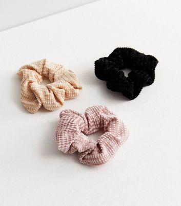 3 Pack Pink Textured Waffle Scrunchies New Look