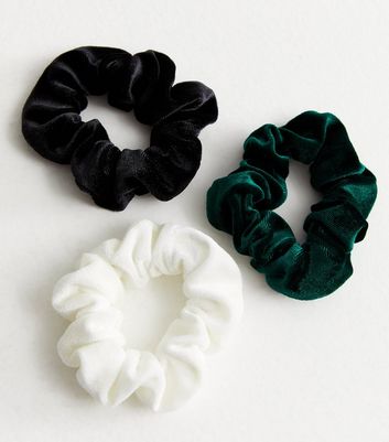 3 Pack Black Green and White Velvet Scrunchies New Look