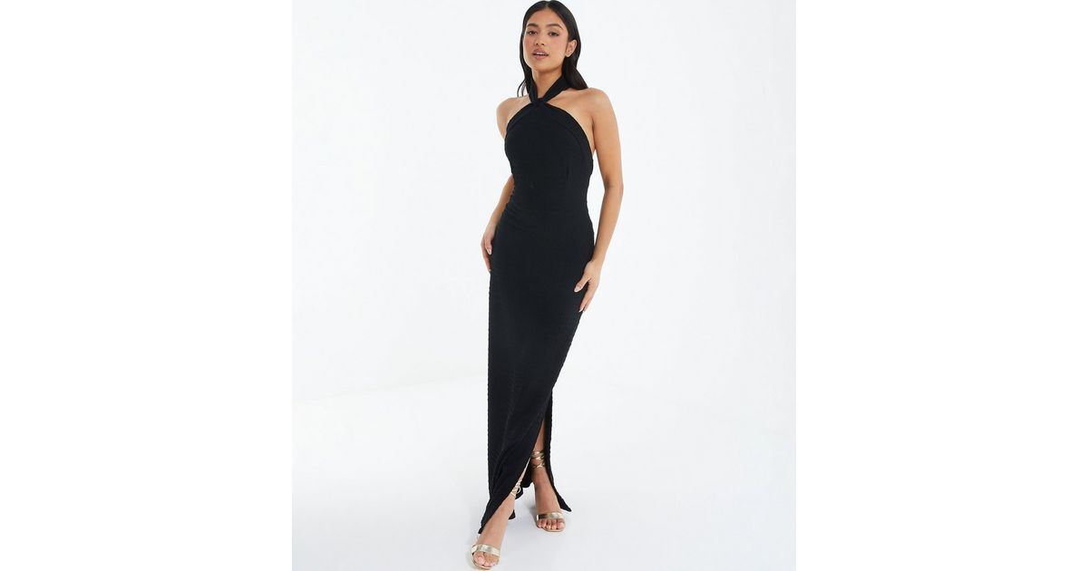 QUIZ Petite Black Textured Halter Maxi Dress | New Look