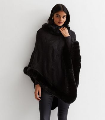 Gini London Black Knit Faux Fur Trim Cape New Look