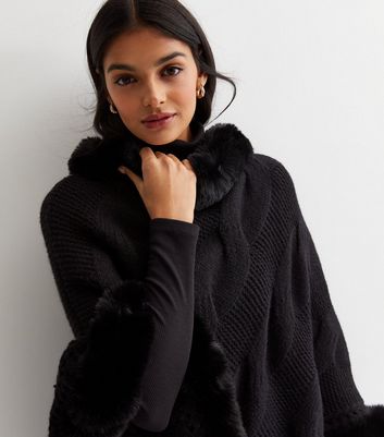 Gini London Black Knit Faux Fur Trim Cape New Look