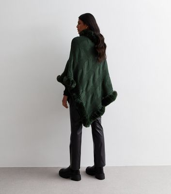 Gini London Green Knit Faux Fur Trim Cape New Look
