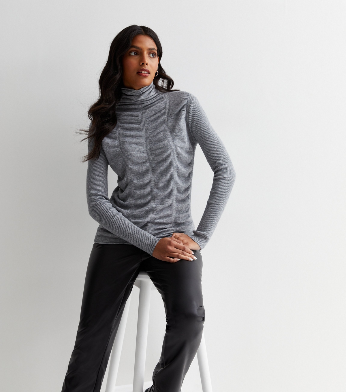 Women's Light Grey Fine Knit Textured Roll Neck Top Gini London New Look