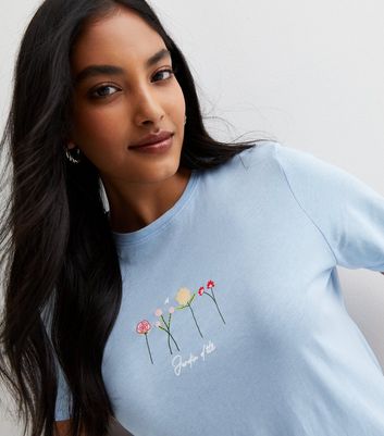 Pale Blue Floral Embroidered Jardin Logo T-Shirt | New Look