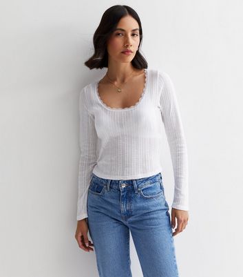 White Pointelle Lace Trim Top New Look