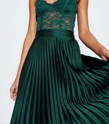 Dark Green Satin Pleated Midi Skirt