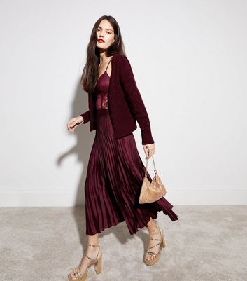 Burgundy Satin Pleated Midi Skirt New Look