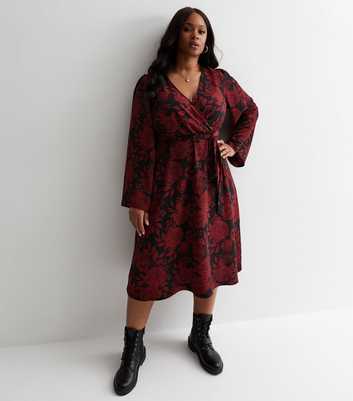 Curves Red Floral Midi Wrap Dress