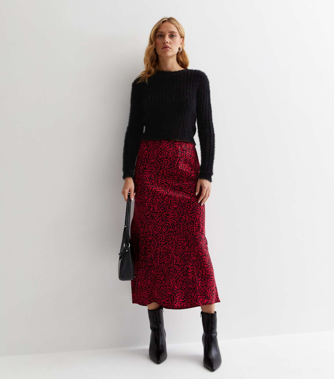 Black Abstract Rose Print Satin Bias Cut Midaxi Skirt