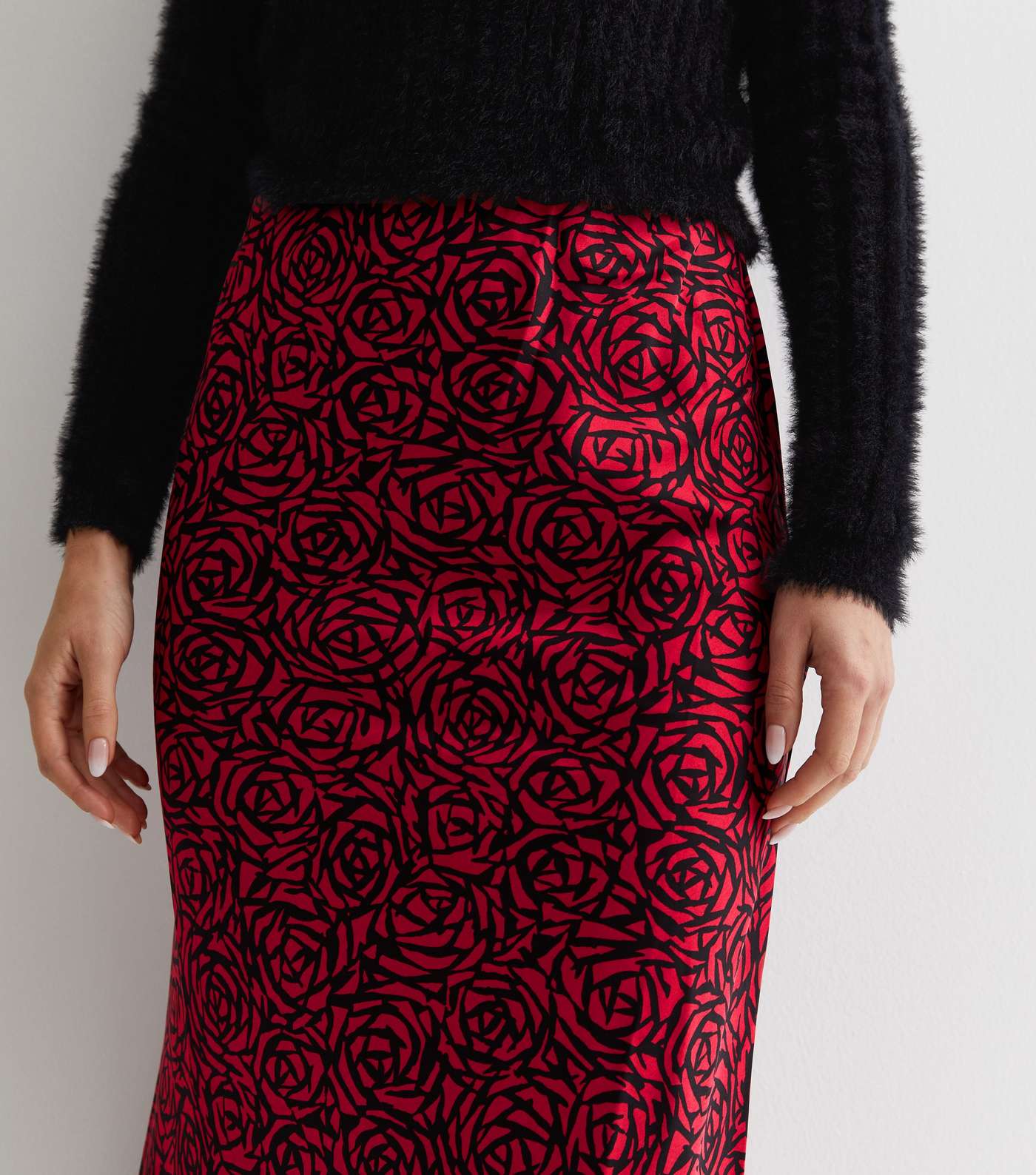 Black Abstract Rose Print Satin Bias Cut Midaxi Skirt Image 3