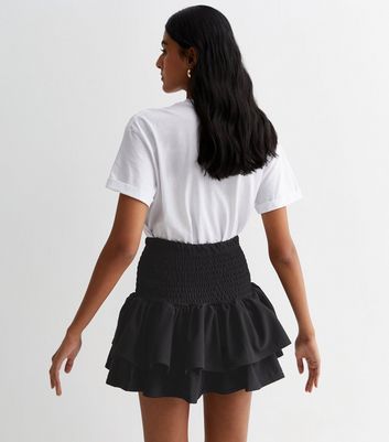 QUIZ Black Shirred Ruffle Hem Mini Skirt New Look