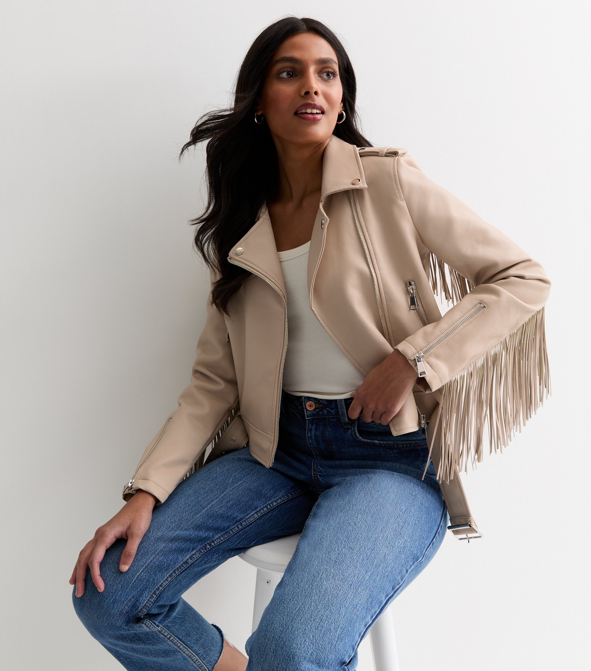 Women's Stone Leather-Look Fringe Jacket Pink Vanilla New Look