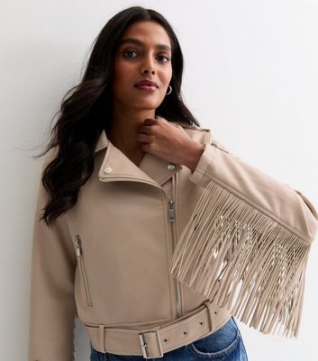 Pink Vanilla Stone Leather Look Fringe Jacket New Look