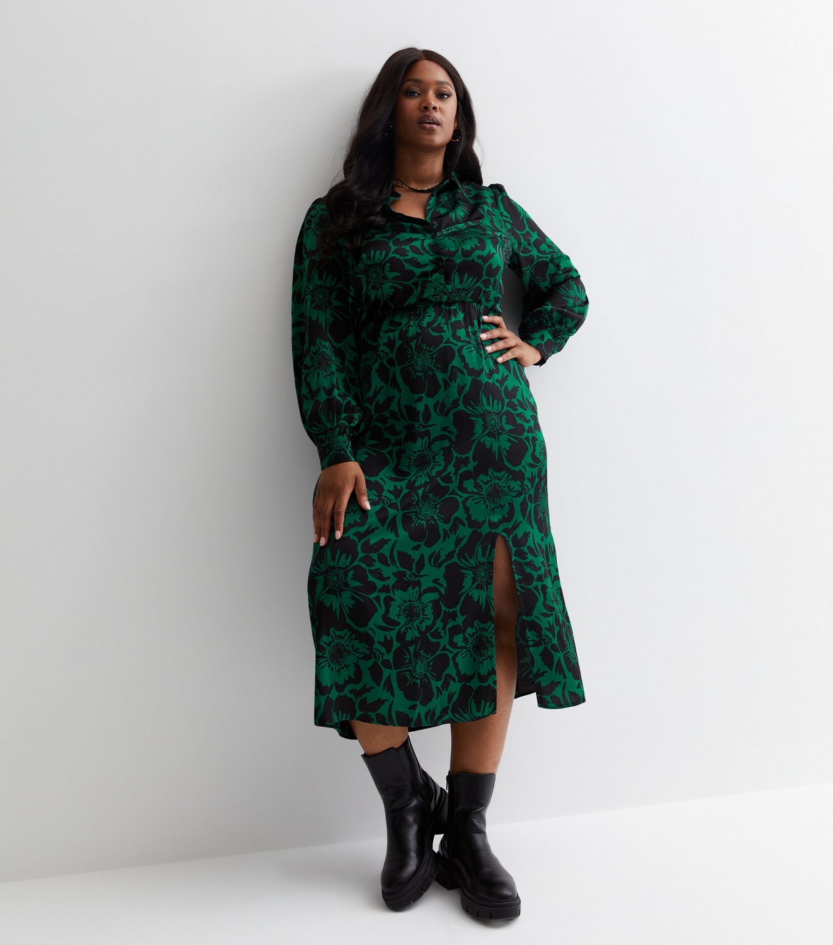 Women's Plus Size Green Floral Satin Split Hem Midi Dress Curves New Look