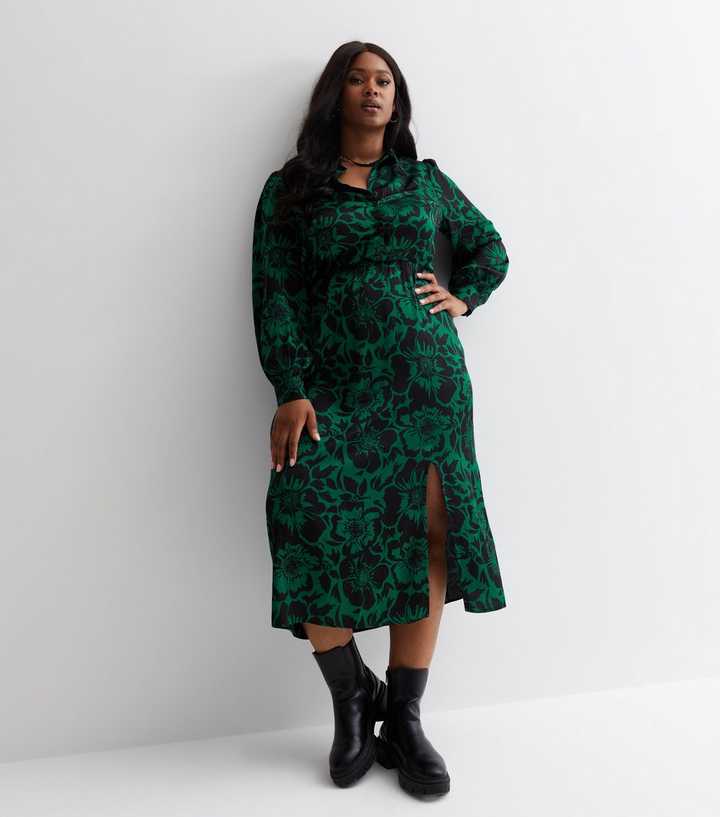 Curves Green Floral Satin Split Hem Midi Dress | New Look