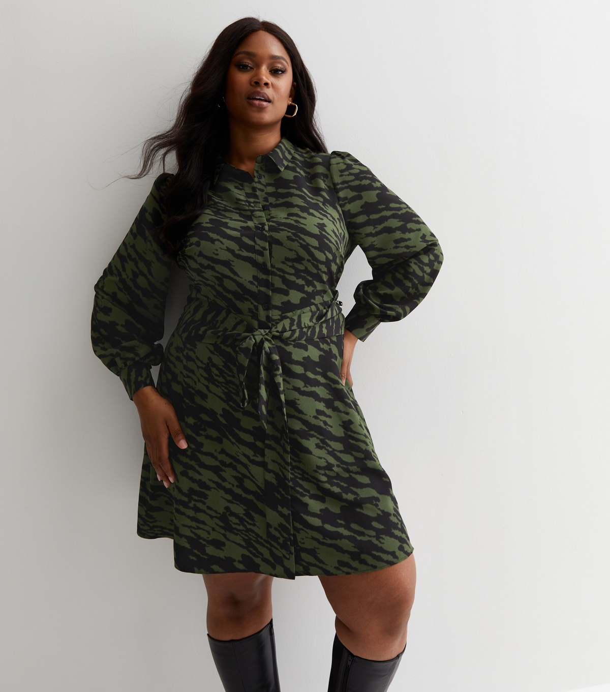 Women's Plus Size Green Mark Making Tie Waist Mini Shirt Dress Curves New Look