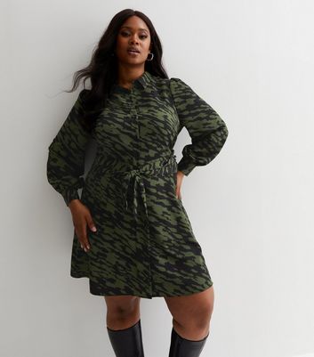 Curves Green Mark Making Tie Waist Mini Shirt Dress | New Look