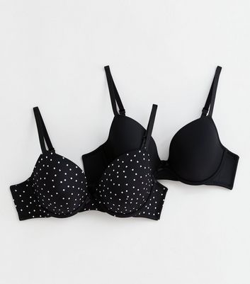 2 Pack Black Plain and Spot Underwired T-Shirt Bras New Look