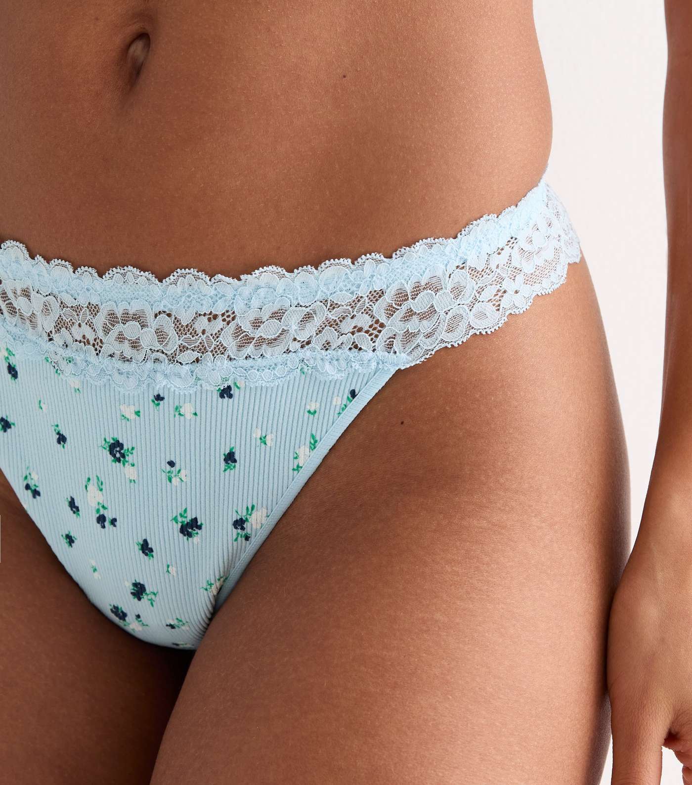 Pale Blue Floral Ribbed Seamless Thong Image 2