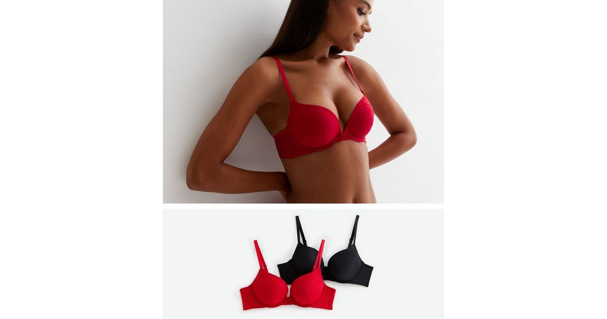 2 Pack Black and Red Flocked Heart Print Push Up Bras | New Look