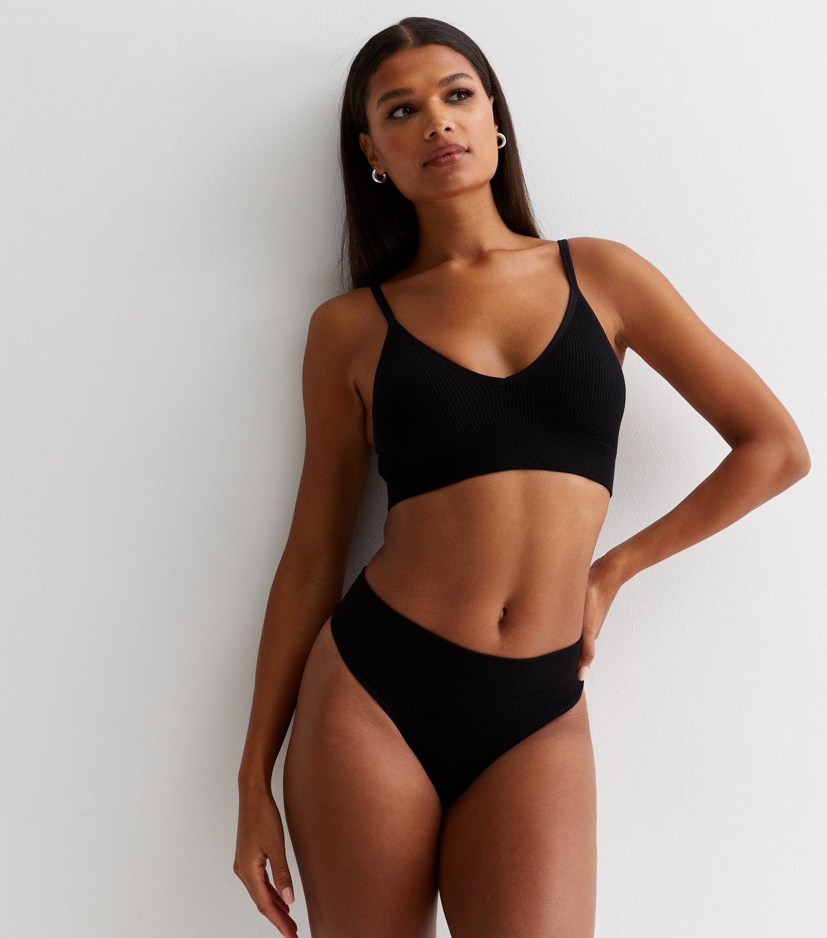 Women's Black Ribbed Seamless High Leg Thong New Look