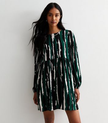 Green Stripe Print Long Sleeve Mini Smock Dress New Look