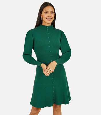 Yumi Green Ribbed Knit Long Sleeve Button Mini Dress