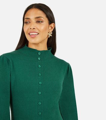 Yumi Green Ribbed Knit Long Sleeve Button Mini Dress New Look