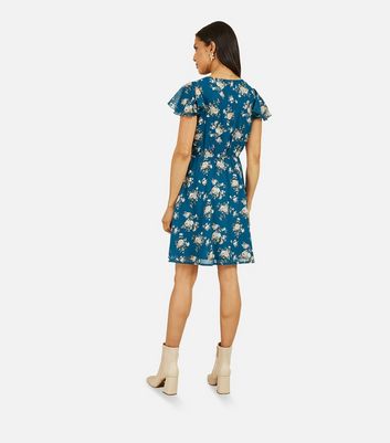 Mela Teal Floral Flutter Sleeve Wrap Mini Dress New Look