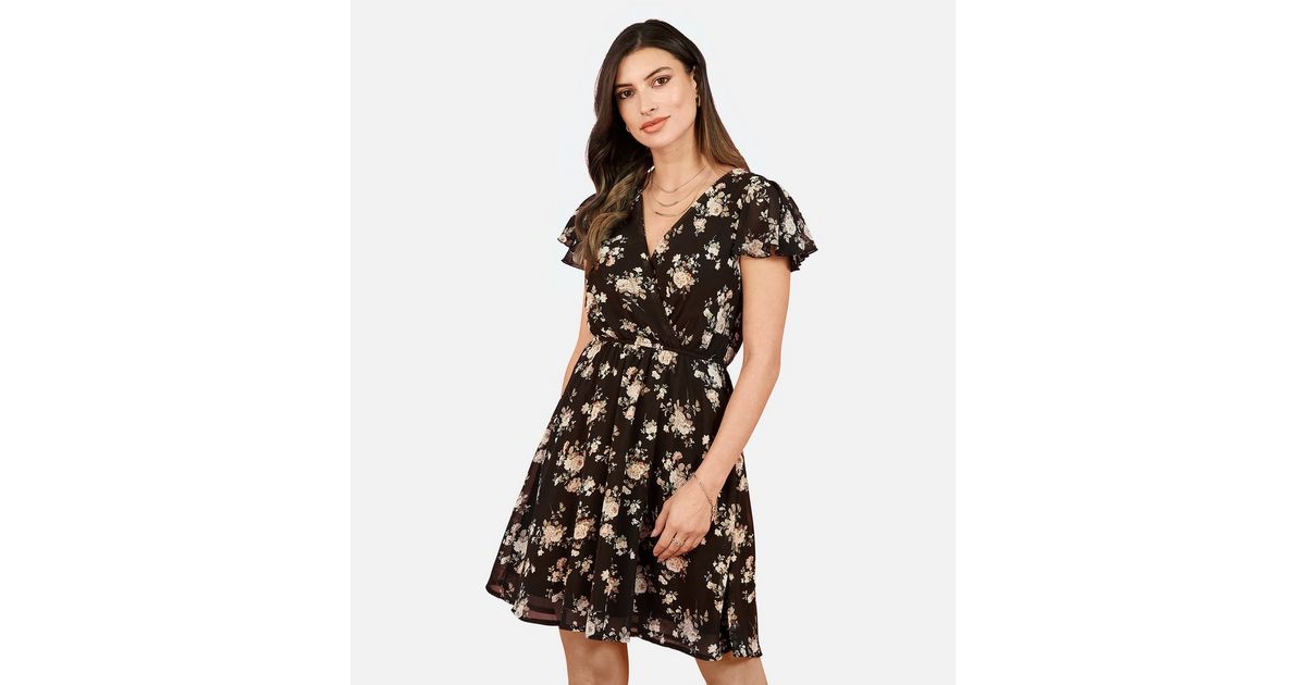 Mela Black Floral Flutter Sleeve Wrap Mini Dress New Look 3952