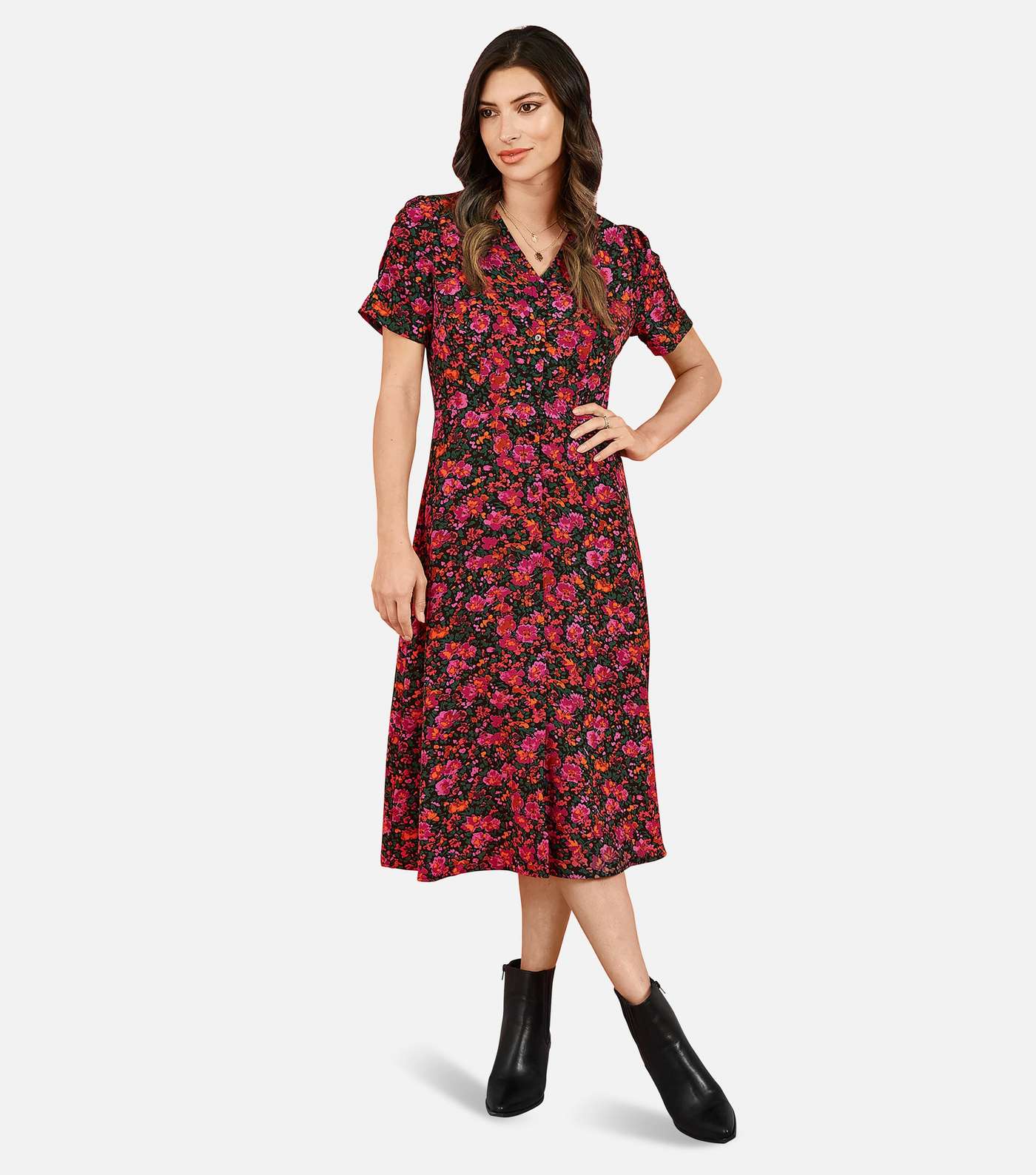 Mela Pink Ditsy Floral Button Front Midi Dress Image 3