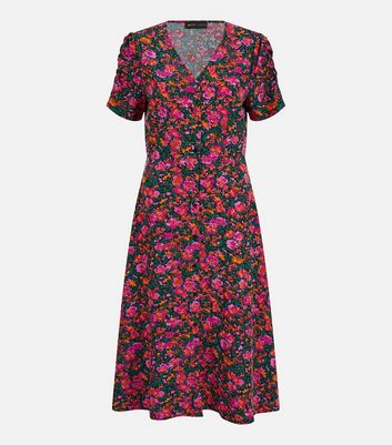 Mela Pink Ditsy Floral Button Front Midi Dress New Look