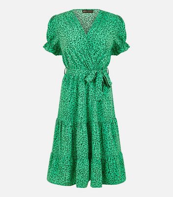 Mela Green Leopard Print Belted Tiered Midi Wrap Dress New Look