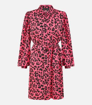 Mela Pink Leopard Print Belted Mini Shirt Dress New Look