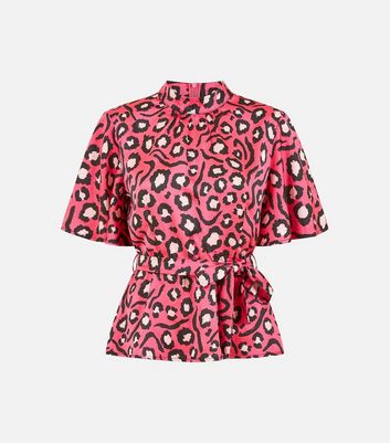 Mela Pink Leopard Print Satin Belted Top New Look