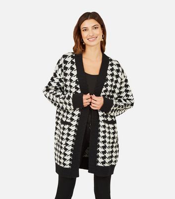 Yumi White Dogtooth Knit Long Cardigan New Look