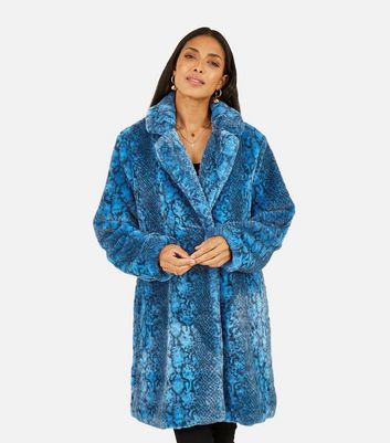 Yumi Blue Snake Print Faux Fur Coat New Look
