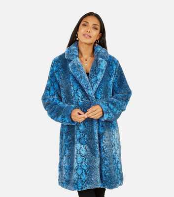 Yumi Blue Snake Print Faux Fur Coat