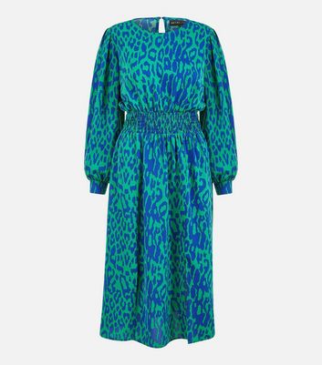 Mela Green Animal Print Shirred Waist Midi Dress New Look