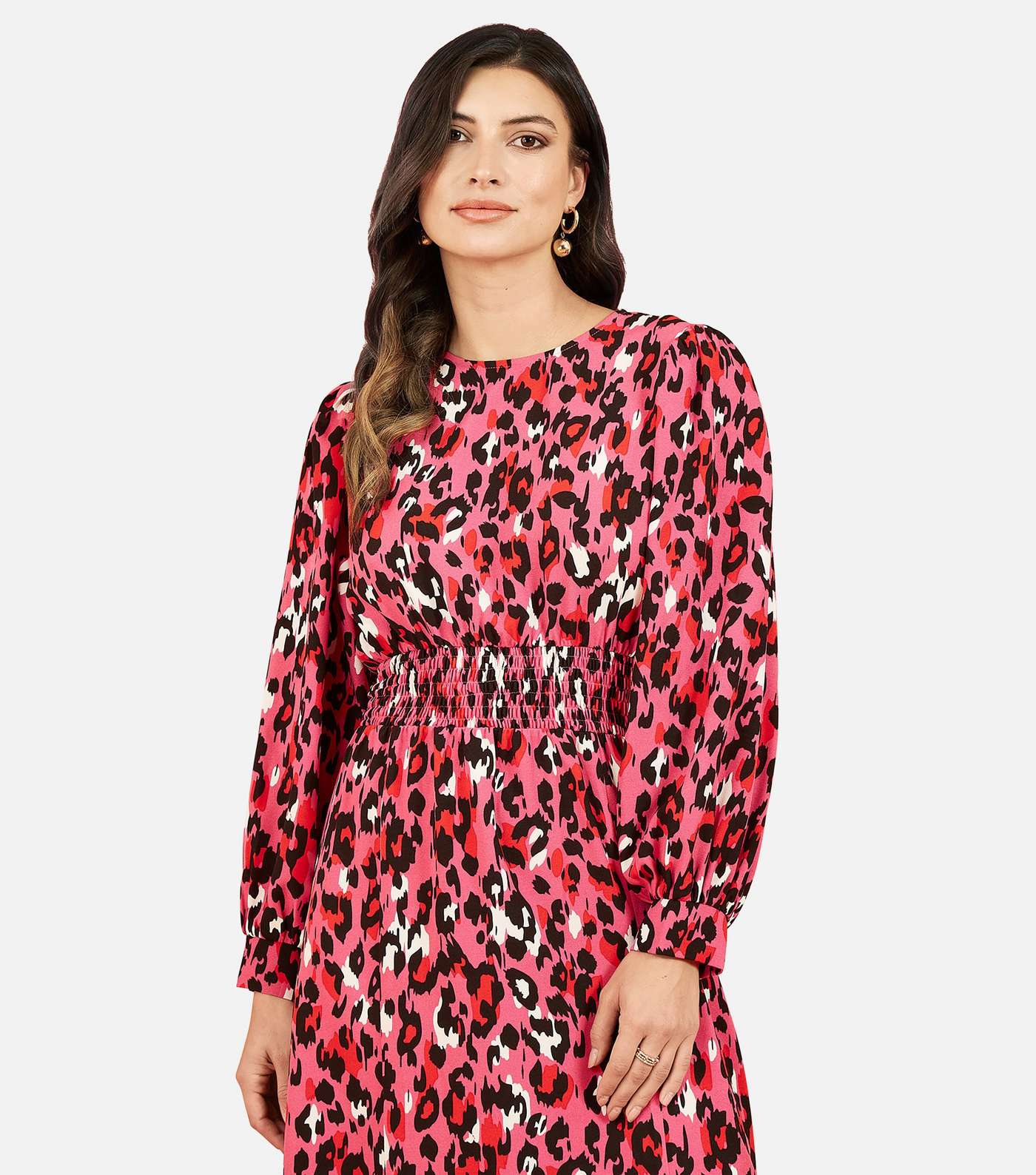 Mela Pink Animal Print Shirred Waist Midi Dress Image 2