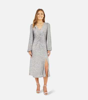 Yumi Silver Sequin Puff Sleeve Midi Dress
