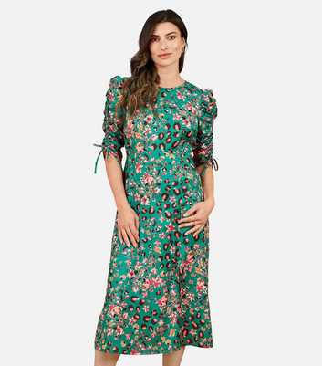 Yumi Green Leopard Floral Ruched Sleeve Midi Dress