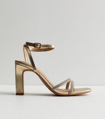 Gold Diamante Embellished Strappy Block Heel Sandals New Look