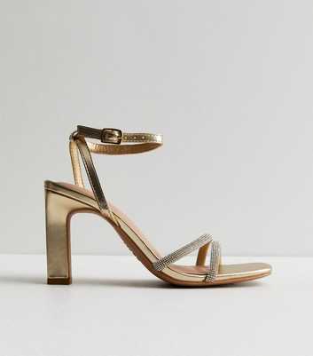 Gold Diamanté Embellished Strappy Block Heel Sandals
